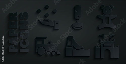 Set Water slide, Teddy bear plush toy, Toy train, Castle, Tree and Juggling ball icon. Vector