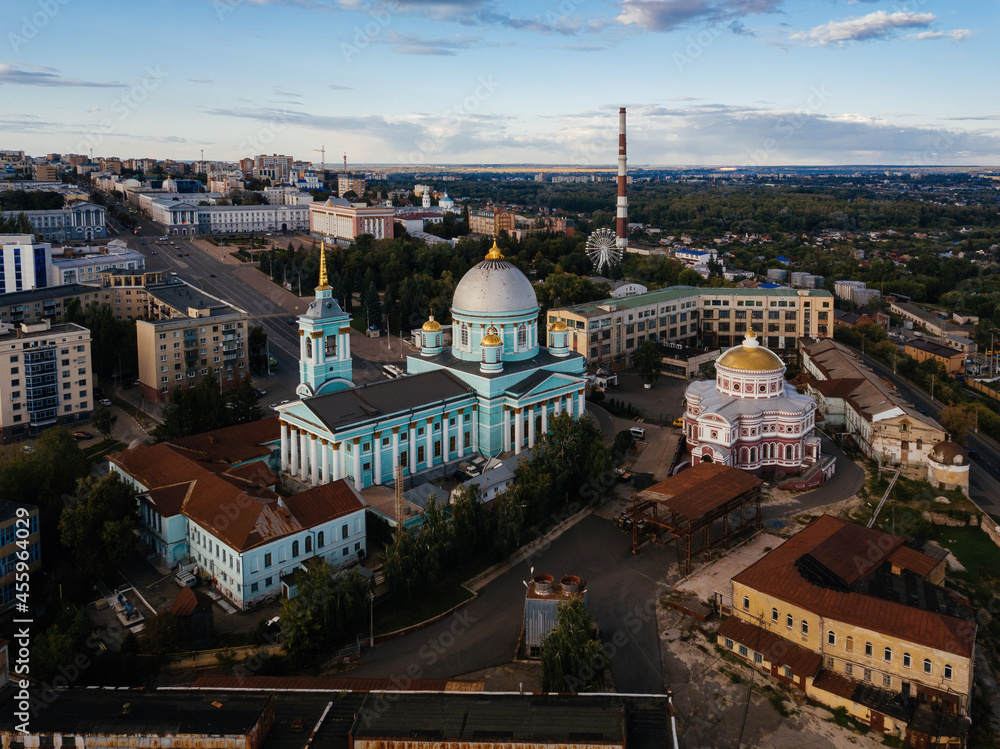 Evening summer Kursk, Znamensky Cathedral and Resurrection church, aerial drone view