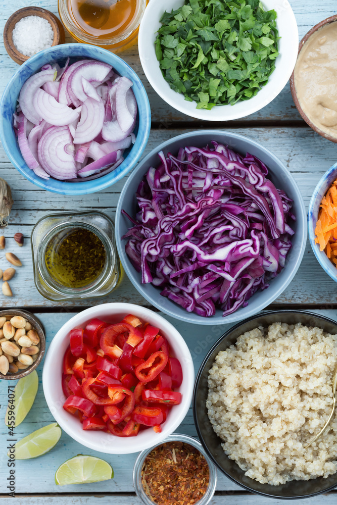 ingredients for vegetarian salad with red cabbage and quinoa ingredients for vegetarian salad with red cabbage and quinoa