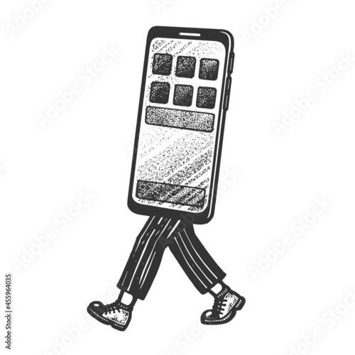 Smartphone phone walk on legs sketch engraving vector illustration. T-shirt apparel print design. Scratch board imitation. Black and white hand drawn image.
