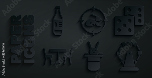 Set Magician hat and rabbit, Game dice, Picnic table with chairs, Ferris wheel, Hunt on crosshairs and Bottle of water icon. Vector