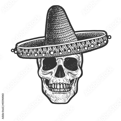 skull in mexican sombrero sketch engraving vector illustration. T-shirt apparel print design. Scratch board imitation. Black and white hand drawn image.