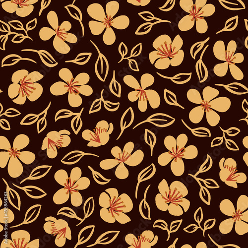 Retro brown autumn flowers fabric seamless pattern botanical print background design. Vector illustration. Surface pattern design. Great for kids, clothing and fall home decor projects. 