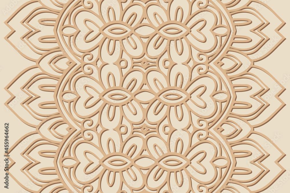 Geometric volumetric convex ethnic 3D pattern. Embossed artistic beige background in handmade style. Cut paper effect, openwork lace texture. Oriental, Indonesian, Asian motives.