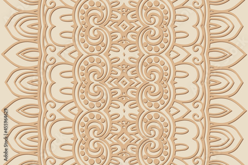 Geometric volumetric convex ethnic 3D pattern. Embossed elegant beige background in handmade style. Cut paper effect, openwork lace texture. Oriental, Indonesian, Asian motives. 