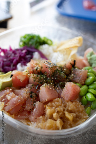 Closeup of Ahi Tuna Poke Bowl