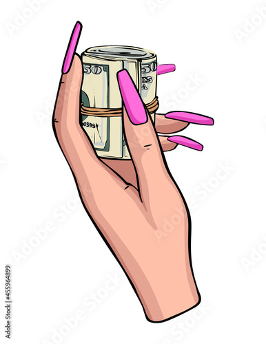 Women hand with pink manicure  holding money roll cash paument icons  beauty illustration
