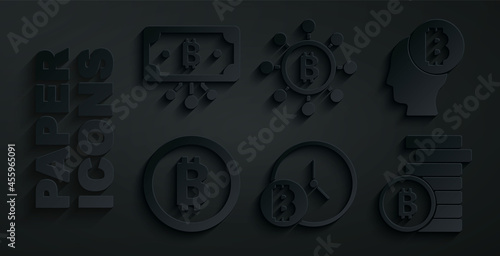 Set Bitcoin with clock, think, Blockchain technology and circuit icon. Vector