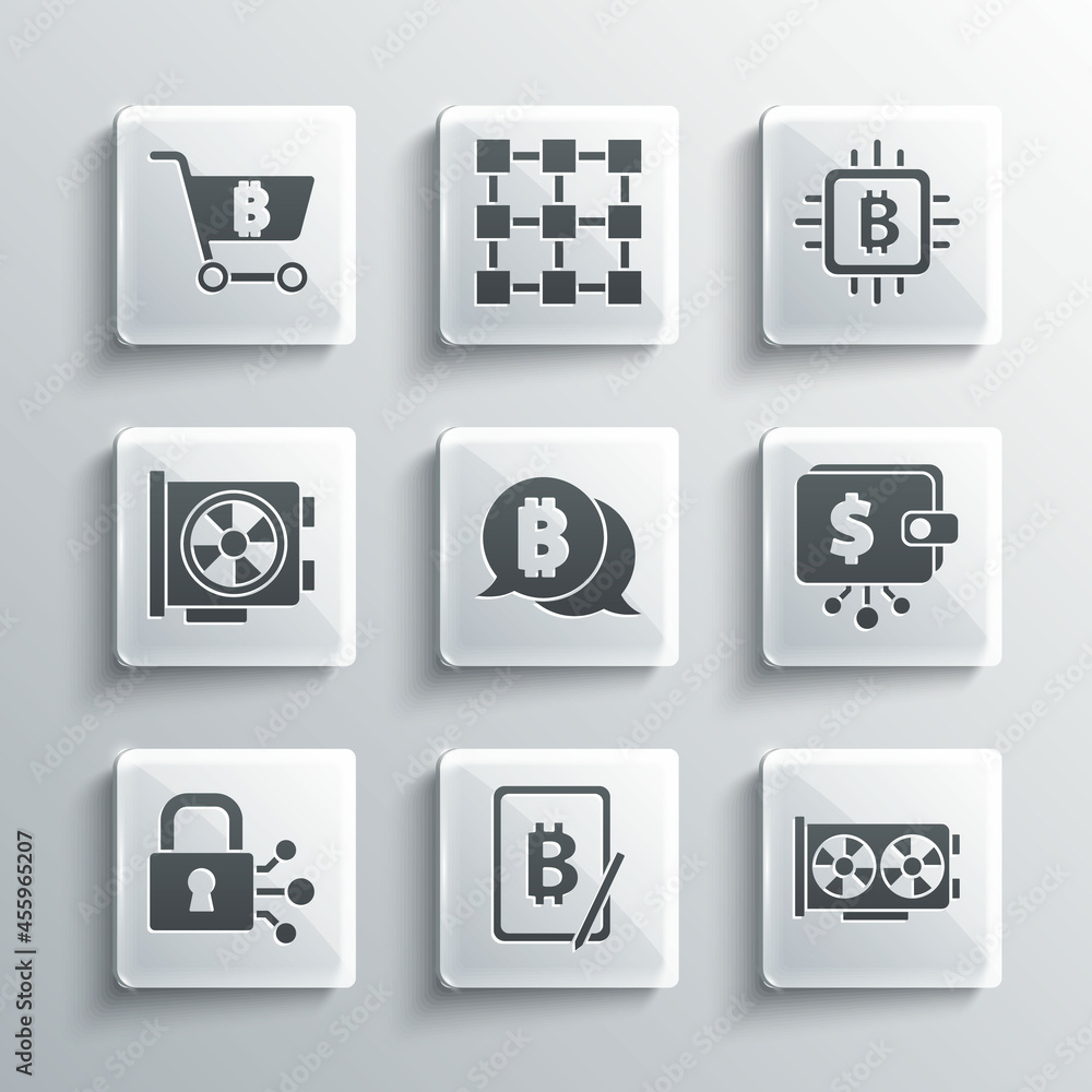 Set Mining bitcoin from tablet, Video graphic card, Cryptocurrency wallet, Bitcoin, Lock with, Shopping cart and CPU mining farm icon. Vector Set Mining bitcoin from tablet, Video graphic card, Cryptocurrency wallet, Bitcoin, Lock with, Shopping cart and CPU mining farm icon. Vector