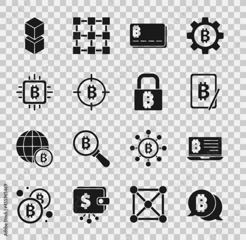 Set Bitcoin, Mining bitcoin from laptop, tablet, Credit card with, the target, CPU mining farm, Blockchain technology and Lock icon. Vector