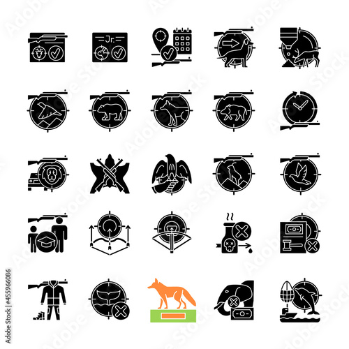 Wild animals hunting black glyph icons set on white space. Wildlife animal and bird hunt. Pursue and capture prey. Shooting and trapping. Silhouette symbols. Vector isolated illustration