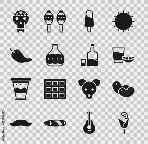 Set Corn, Beans, Tequila glass with lemon, Popsicle ice cream, bottle, Hot chili pepper pod, Mexican skull and and icon. Vector