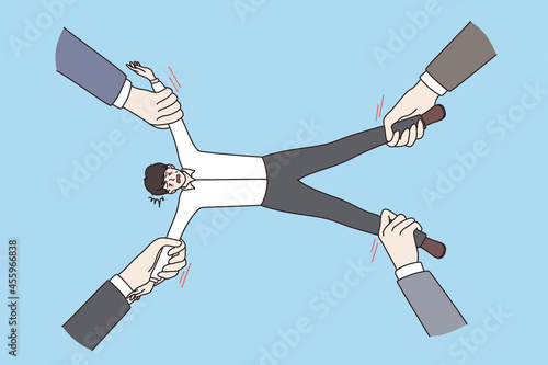 Human resources management and value concept. Hands of headhunters stretching valuable experienced employee in different directions over blue background vector illustration 