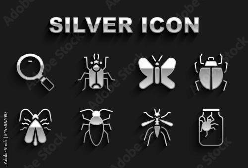 Set Cockroach, Mite, Spider in jar, Mosquito, Clothes moth, Butterfly, Magnifying glass and Beetle bug icon. Vector