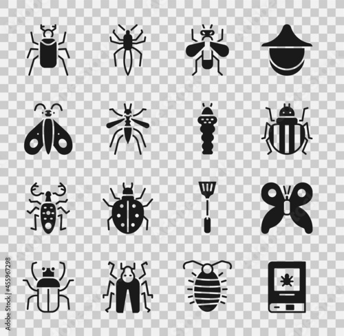 Set Book about insect, Butterfly, Colorado beetle, Insect, Mosquito, Beetle bug and Larva icon. Vector