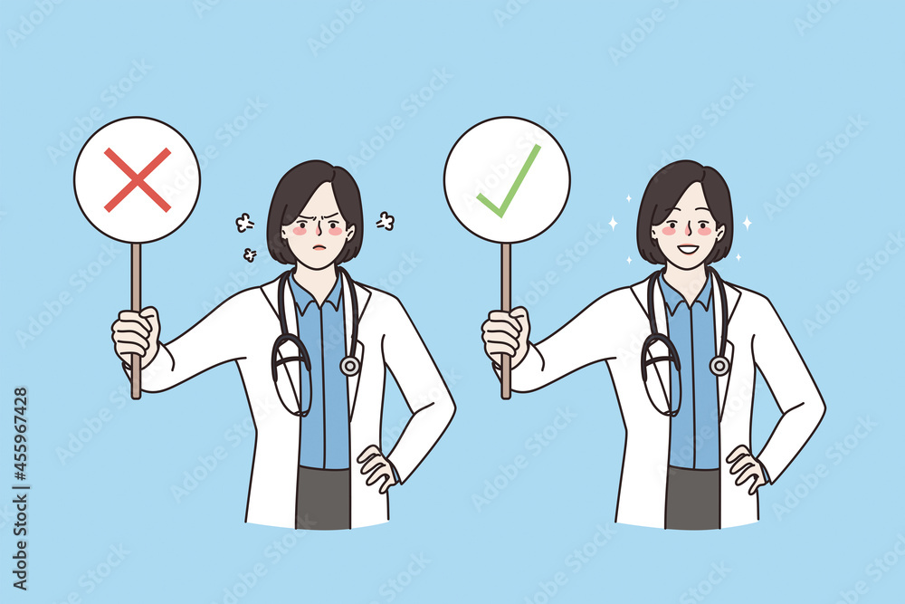 Approval and denying in medicine concept. Young man Male doctor happy smiling with right and negative with wrong sign standing holding looking at camera vector illustration Approval and denying in medicine concept. Young man Male doctor happy smiling with right and negative with wrong sign standing holding looking at camera vector illustration
