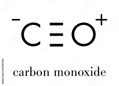 Carbon monoxide (CO) toxic gas molecule. Carbon monoxide poisoning frequently occurs due to malfunctioning fuel-burning home appliances. Skeletal formula.
