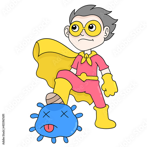 Cleanliness superhero bravely eradicates viruses and naughty germs, doodle icon image kawaii