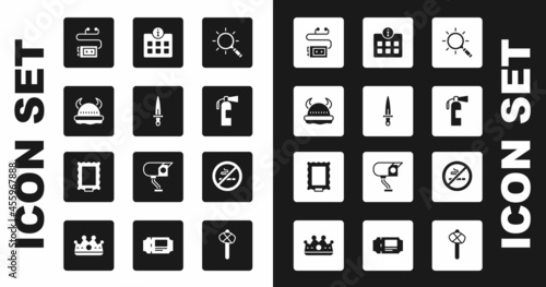 Set Magnifying glass, Dagger, Viking horned helmet, Museum audio guide, Fire extinguisher, Information, No Smoking and Picture icon. Vector