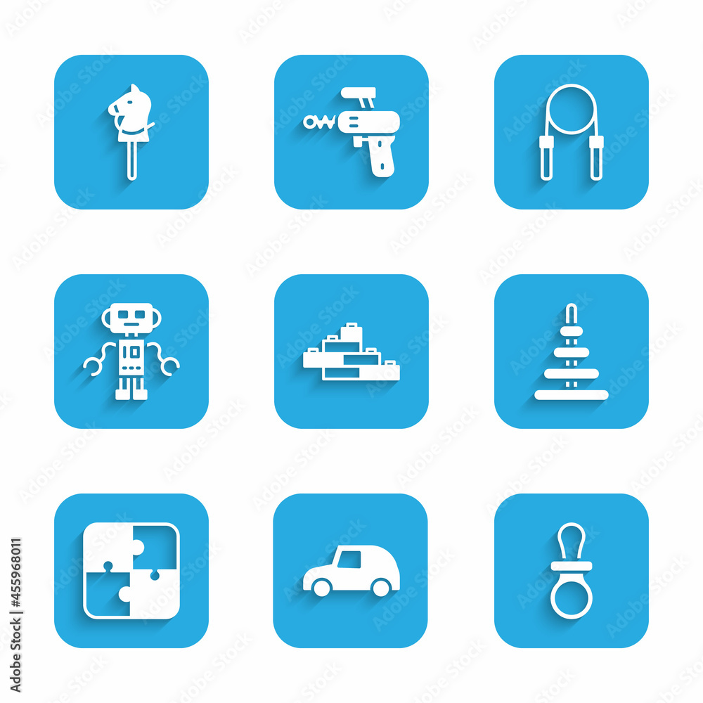 Set Toy building block bricks, car, Baby dummy pacifier, Pyramid toy, Puzzle pieces, Robot, Jump rope and horse icon. Vector Set Toy building block bricks, car, Baby dummy pacifier, Pyramid toy, Puzzle pieces, Robot, Jump rope and horse icon. Vector