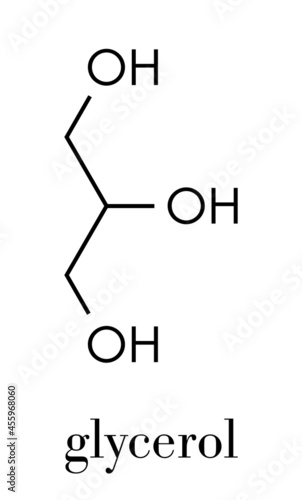 Glycerol (glycerin) molecule. Produced from fat and oil triglycerides. Used as sweetener, solvent and preservative in food and drugs. Skeletal formula.