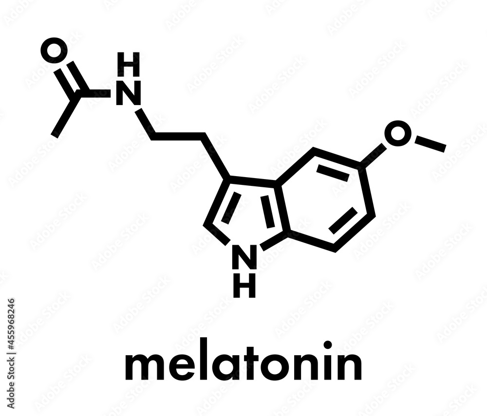 Melatonin hormone molecule. In humans, it plays a role in circadian rhythm synchronization. Skeletal formula. Melatonin hormone molecule. In humans, it plays a role in circadian rhythm synchronization. Skeletal formula.