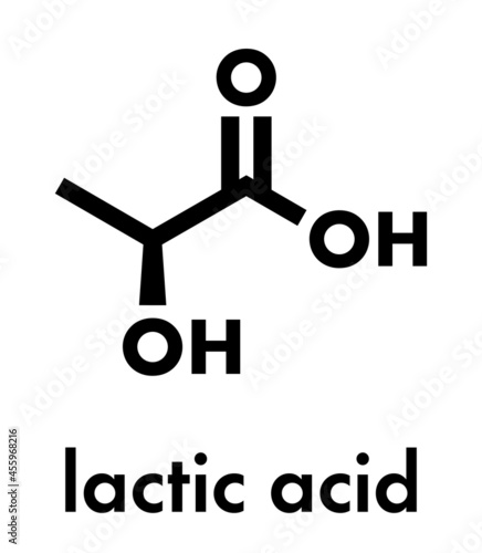 Lactic acid (L-lactic acid) milk sugar molecule. Building block of polylactic acid (PLA) bioplastic. Found in milk. Skeletal formula.
