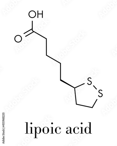 Lipoic acid enzyme cofactor molecule. Present in many nutritional supplements. Believed to have anti-oxidant, anti-aging and weight-loss effects. Skeletal formula.