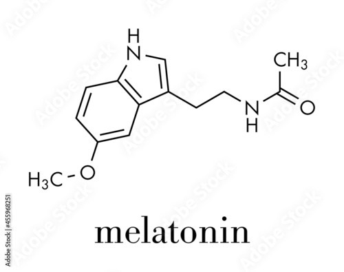 Melatonin hormone molecule. In humans, it plays a role in circadian rhythm synchronization. Skeletal formula.