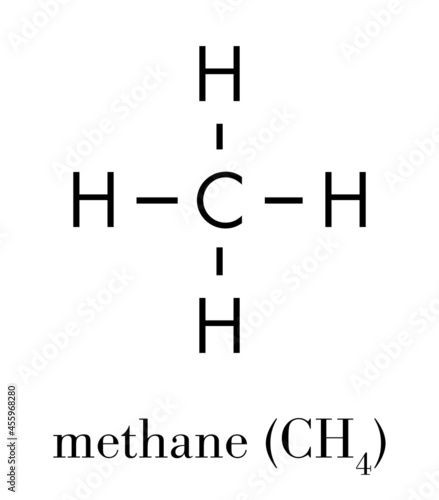 Methane natural gas molecule. Main component of natural gas and LNG (liquefied natural gas) and biogas, produced by fermentation. Skeletal formula.