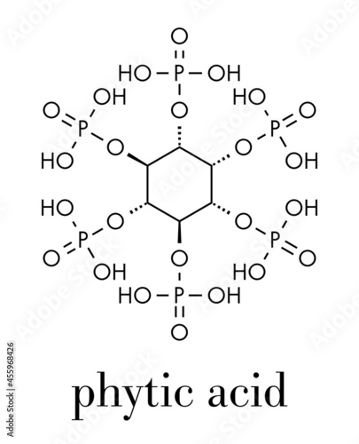 Phytic acid (hexakisphosphate, IP6, phytate) molecule. Present in seeds and grains of many plants, acting as storage form of phosphorus. Skeletal formula.