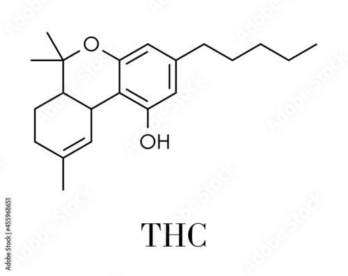 THC (delta-9-tetrahydrocannabinol, dronabinol) cannabis drug molecule. Skeletal formula.