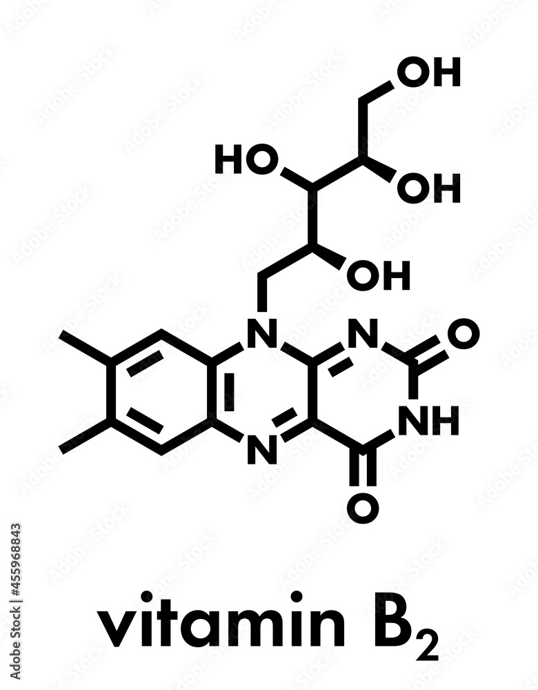 Vitamin B2 (riboflavin) molecule. Skeletal formula. Vitamin B2 (riboflavin) molecule. Skeletal formula.