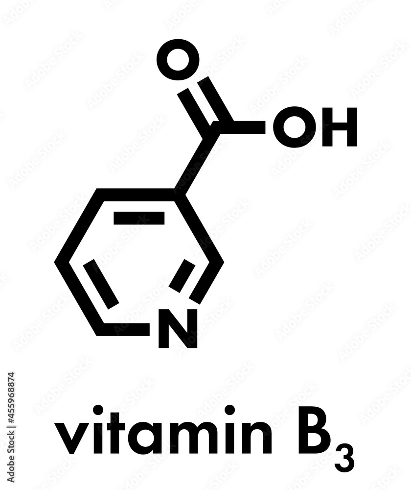 Vitamin B3 (niacin) molecule. Skeletal formula. Vitamin B3 (niacin) molecule. Skeletal formula.