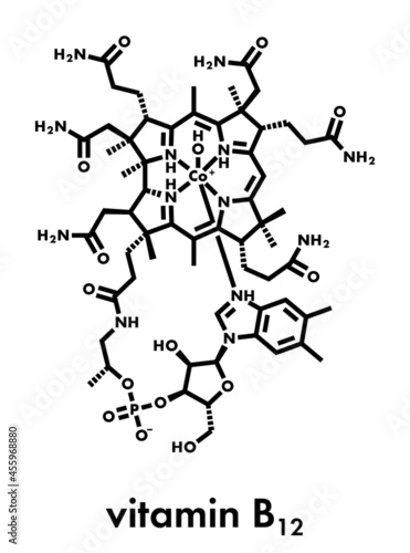 Hydroxocobalamin vitamin B12 molecule. Often given therapeutically in case of B12 deficiency. Skeletal formula. photo