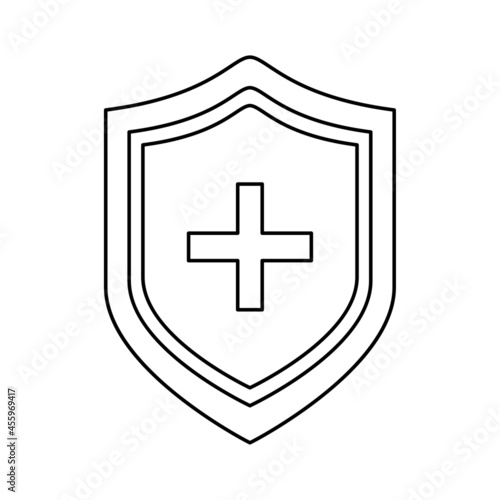Immune system vector icon logo. Protection against bacteria health viruses. Medical prevention of human germs shield with a white cross and a virus on a white background. Vector illustration