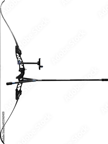 Clipping isolated photography of a professional recurve bow in carbon fibre with stabilizers made for para archery used by disabled archers during paralympics games and official competitions.