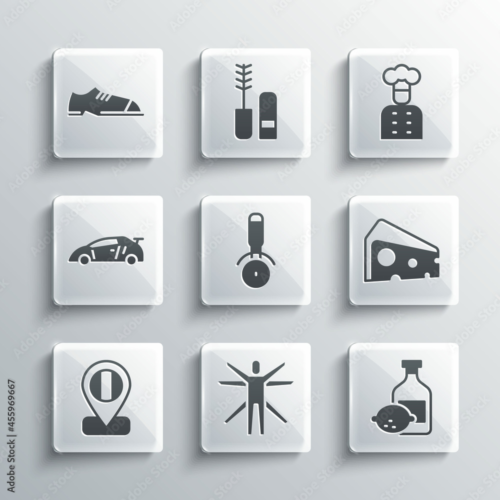 Set Vitruvian Man, Limoncello bottle, Cheese, Pizza knife, Location flag Italy, Sport racing car, Men shoes and Italian cook icon. Vector Set Vitruvian Man, Limoncello bottle, Cheese, Pizza knife, Location flag Italy, Sport racing car, Men shoes and Italian cook icon. Vector