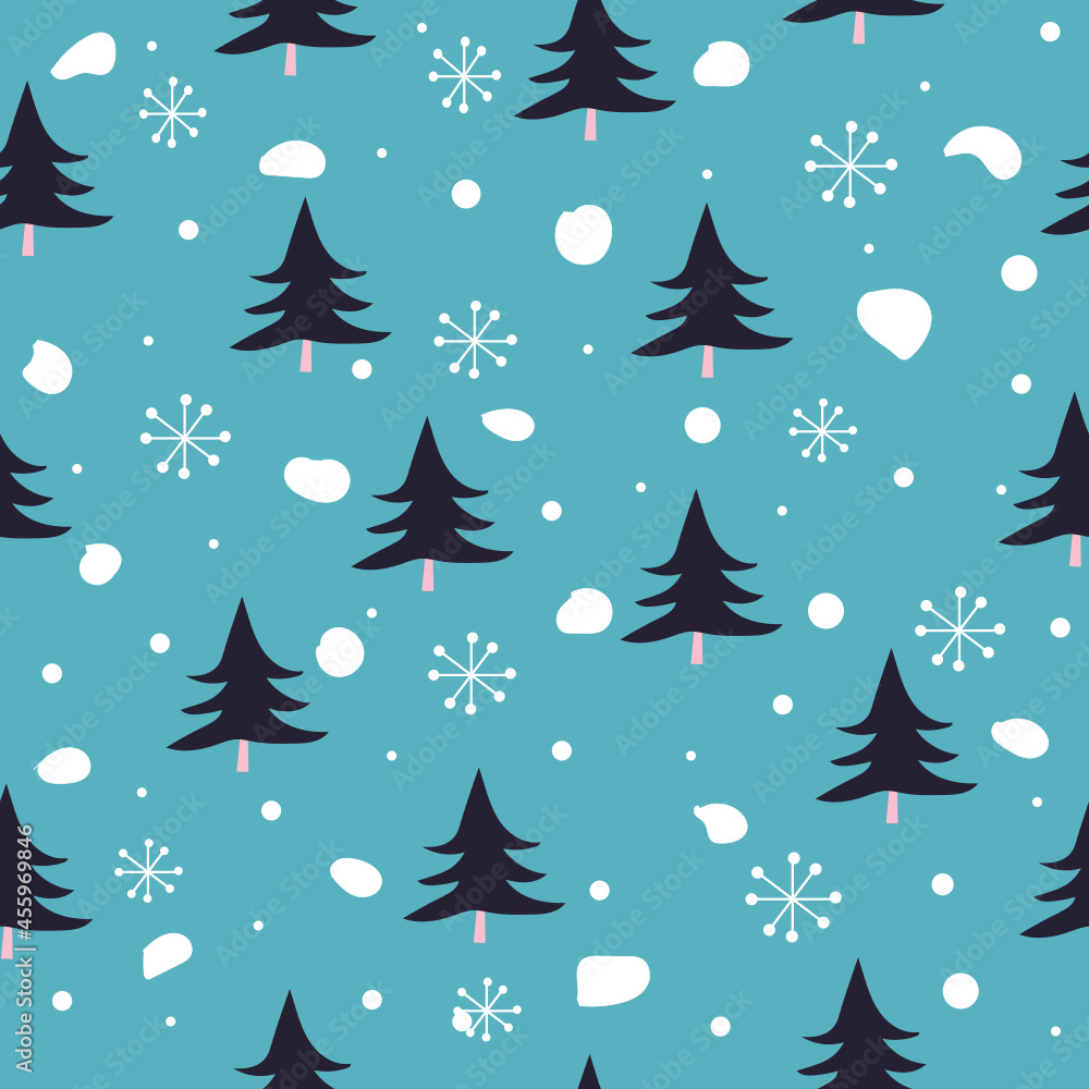 Christmas seamless pattern with christmas tree, snowflakes and snow on green background,christmas vector illustration.