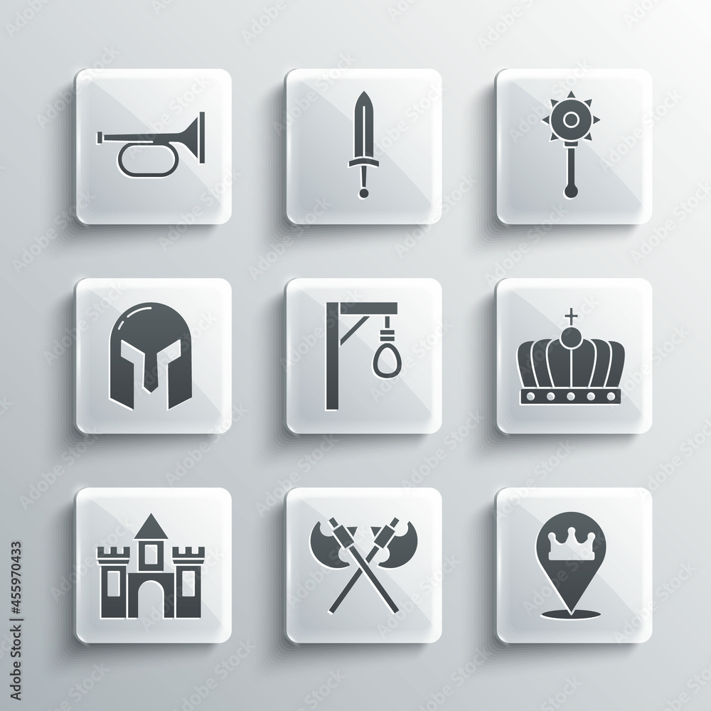 Set Crossed medieval axes, Location king crown, King, Gallows, Castle, fortress, Medieval iron helmet, Trumpet and chained mace ball icon. Vector Set Crossed medieval axes, Location king crown, King, Gallows, Castle, fortress, Medieval iron helmet, Trumpet and chained mace ball icon. Vector