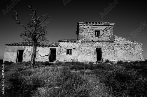 Casa abandonada. Paisaje con casa abandonada y árbol en blanco y negro