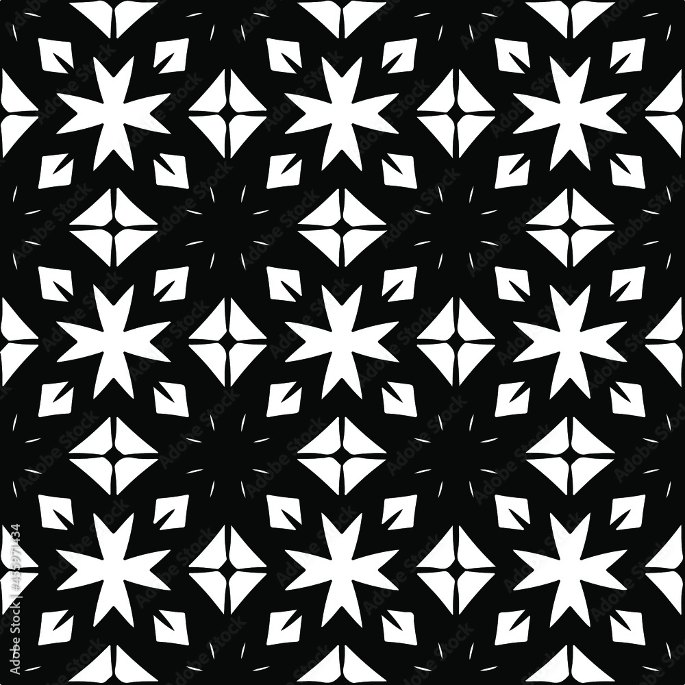 Flower geometric pattern. Seamless vector background. White and black ornament. Ornament for fabric, wallpaper, packaging. Decorative print Flower geometric pattern. Seamless vector background. White and black ornament. Ornament for fabric, wallpaper, packaging. Decorative print