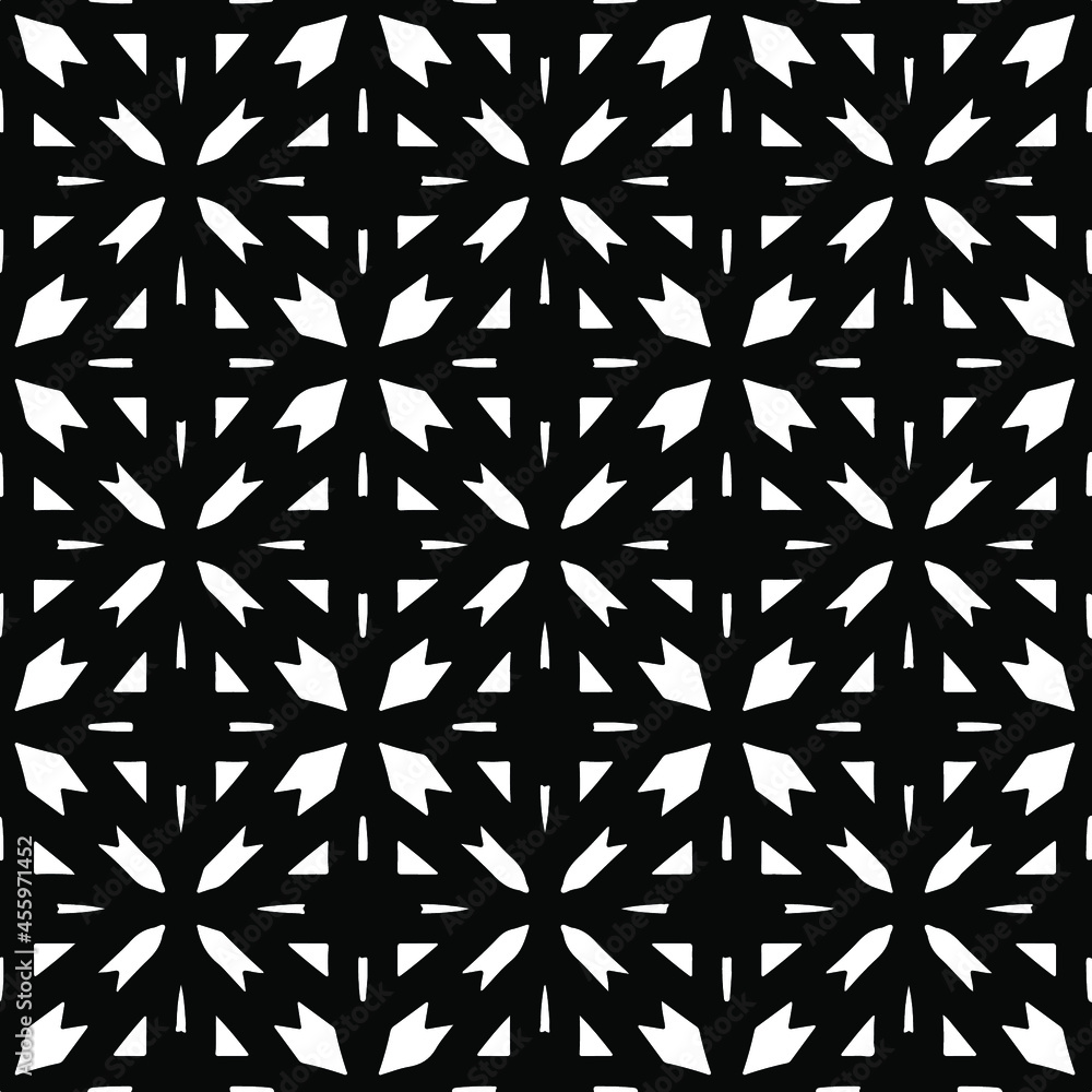 Flower geometric pattern. Seamless vector background. White and black ornament. Ornament for fabric, wallpaper, packaging. Decorative print Flower geometric pattern. Seamless vector background. White and black ornament. Ornament for fabric, wallpaper, packaging. Decorative print