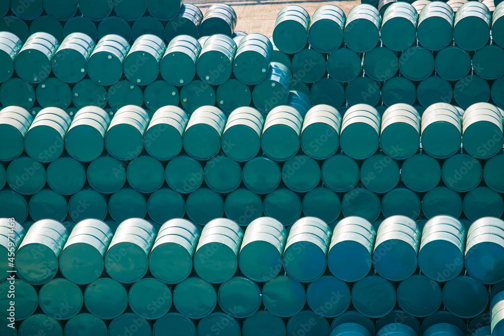 Fototapeta premium Top view Oil barrels green or chemical drums horizontal