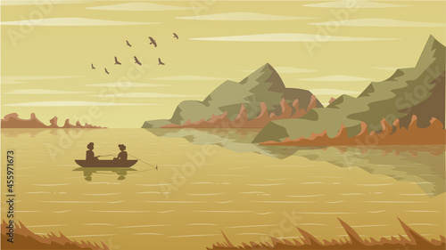 Mountain autumn landscape. Orange and brown colours. Fishers on the lake.