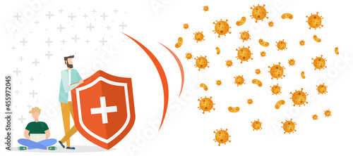 Immune system vector icon logo. Protection against bacteria health viruses. Medical prevention of human germs. A healthy mans and womans stand behind a shield and repel an attack of bacteria
