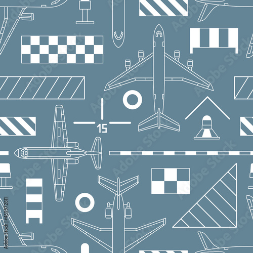 seamless pattern with airplanes and aerodrome signs on gray background