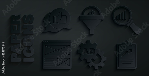 Set Advertising, Magnifying glass and analysis, Browser window, Clipboard with graph chart, Lead management and Customer product rating icon. Vector
