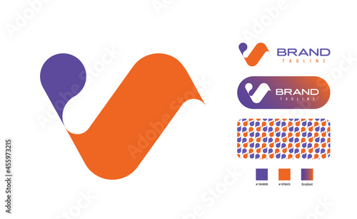 Bold Chat Bubble icon Logo using letter V for social media, fashion, trendy, creative, art, artist, health care related business with color pattern using colours Blue, Orange and gradient for branding