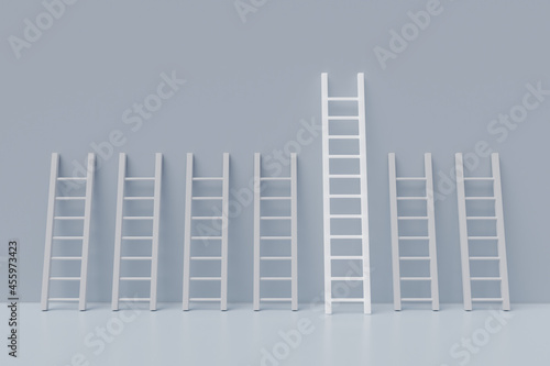 Successful business way, stand out from the crowd, different creative ideas, and aiming high to goal target. The longest ladder glowing among other short ladders on blue background. 3D render